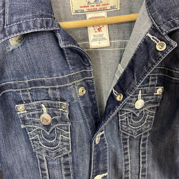 TRUE RELIGION Denim Trucker Jacket Blue Denim Jean Snap Button Small Woman Logo - Picture 5 of 8